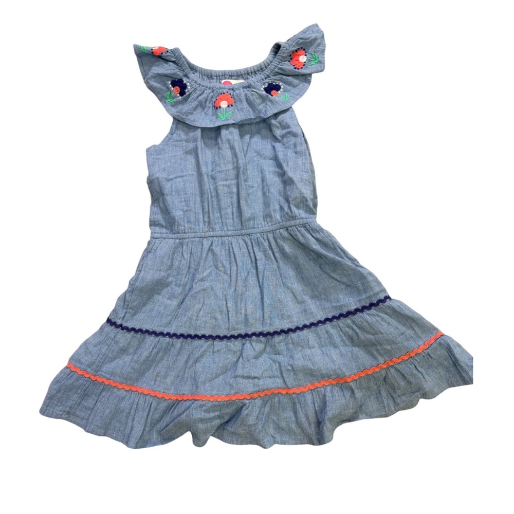 Mini Boden Girls Blue Chambray Tiered Dress Floral Embroidery Rickrack 6-7Y